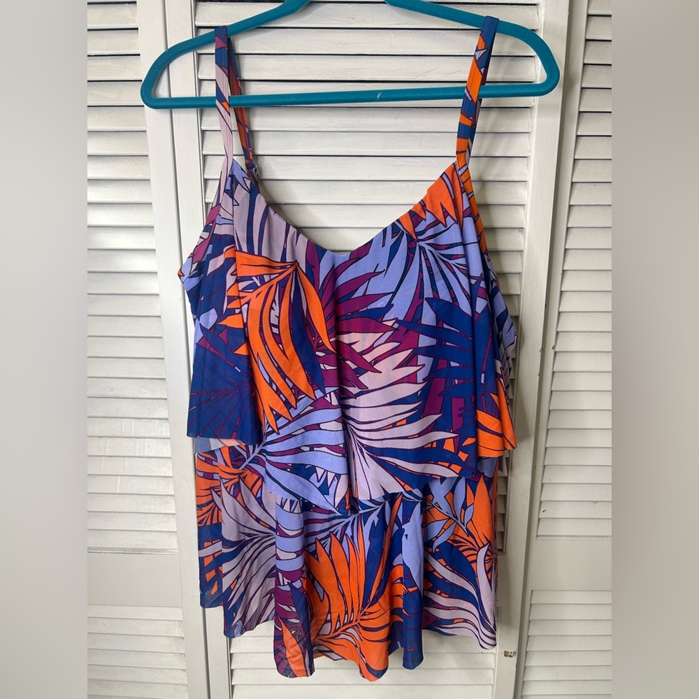 Tropical Print Spaghetti Strap Tankini Top- Purple & Orange Size 20
